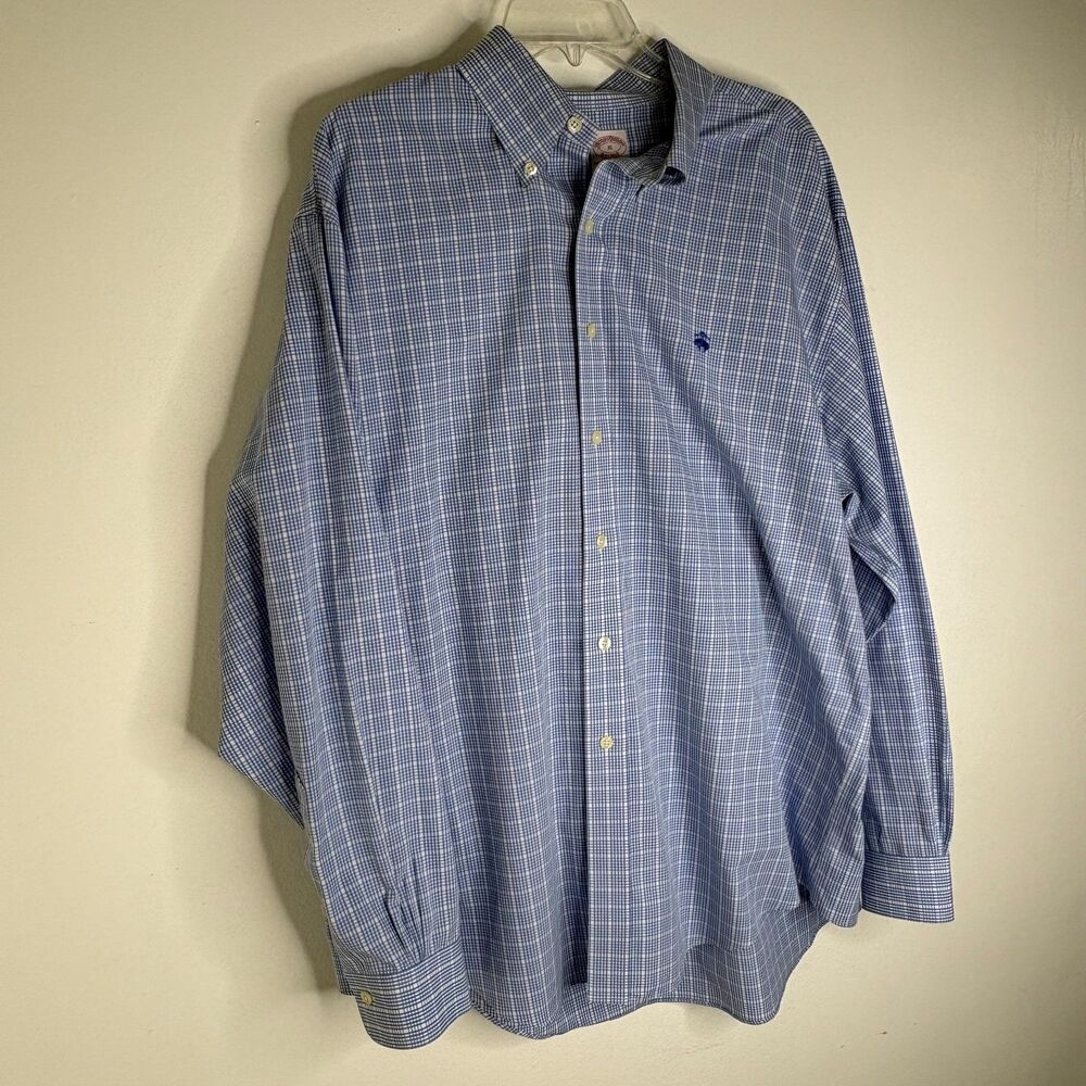 Brooks Brothers Blue Check Button Down Dress Shirt Mens XL Cotton